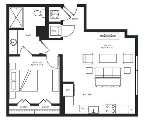 Floor plan for 1 bed, 1 bath, 720 sqft